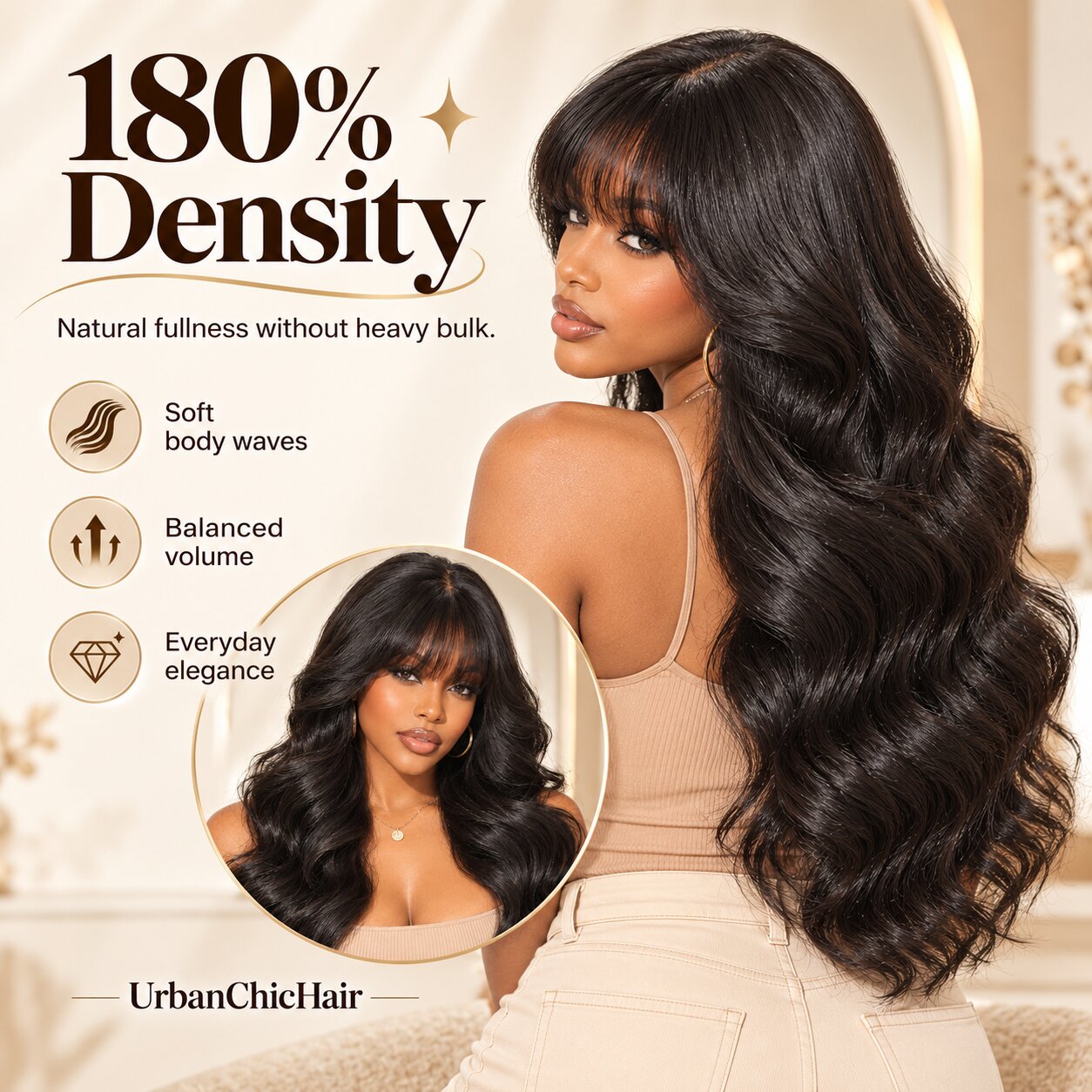 180% density loose body wave human hair wig with bangs, showcasing full, voluminous natural black waves from the back and front.