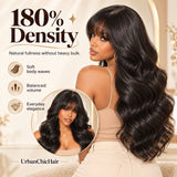 180% density loose body wave human hair wig with bangs, showcasing full, voluminous natural black waves from the back and front.