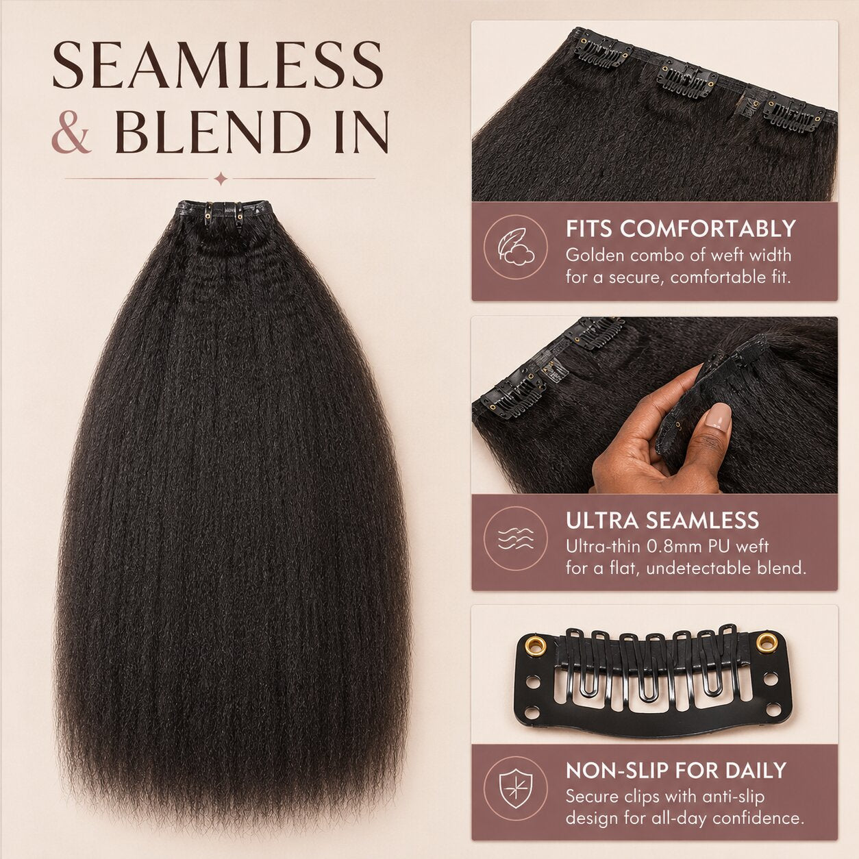 20 inch kinky straight clip-in human hair extensions shown beside back view model wearing natural black hair