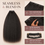 20 inch kinky straight clip-in human hair extensions shown beside back view model wearing natural black hair