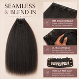 20 inch kinky straight clip-in human hair extensions shown beside back view model wearing natural black hair