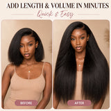 20 inch kinky straight seamless clip-in extensions with close-up hair texture and clip weft details