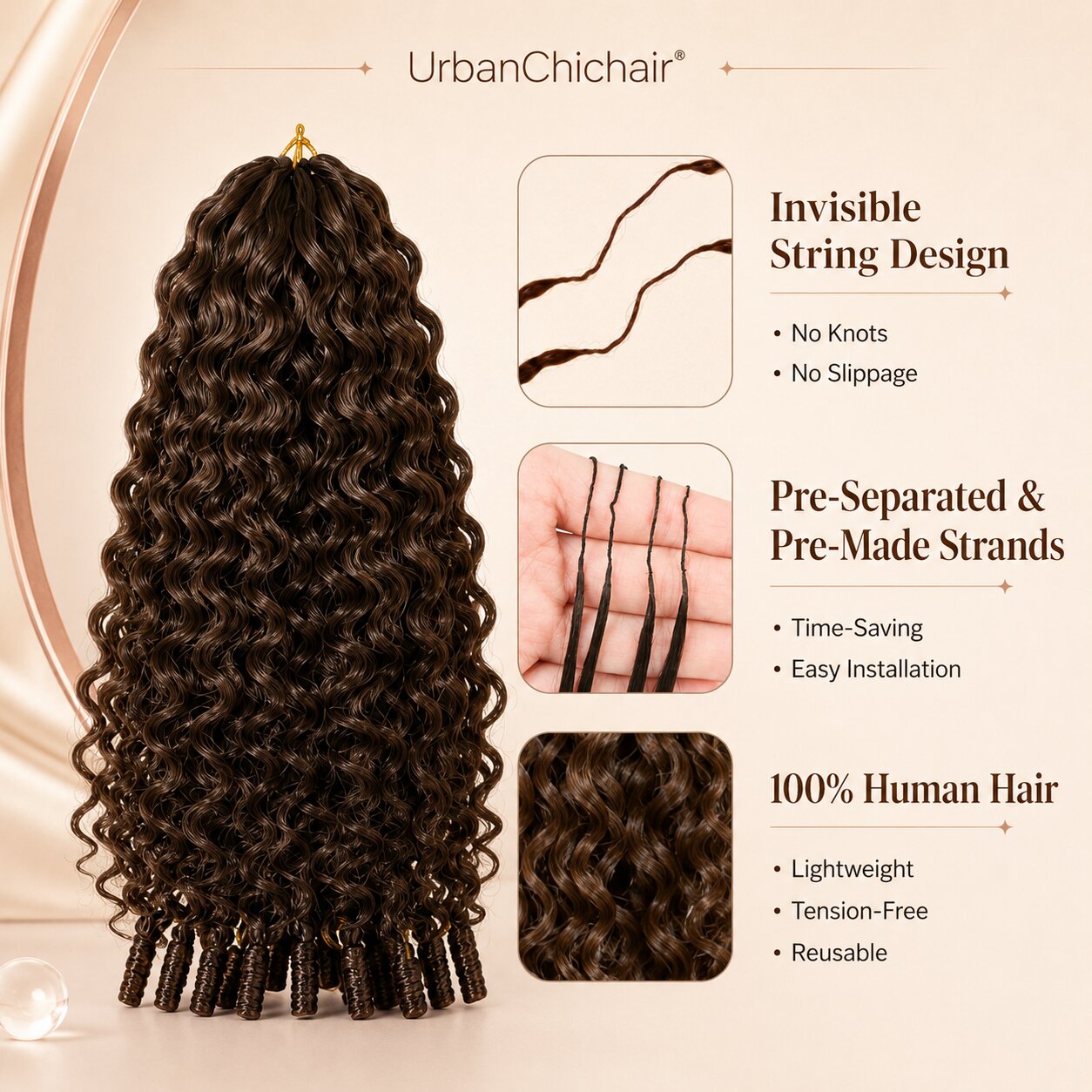 #4 Chocolate Brown Burmese Curly crochet human hair showing invisible string design, pre-separated strands, and reusable human hair quality.