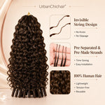 #4 Chocolate Brown Burmese Curly crochet human hair showing invisible string design, pre-separated strands, and reusable human hair quality.