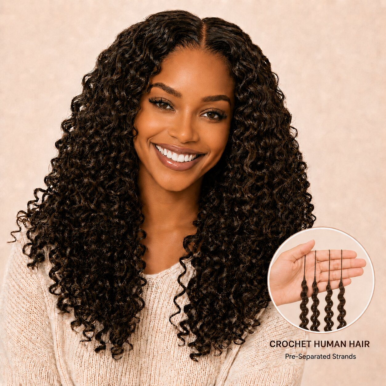 Smiling Black woman wearing #4 Chocolate Brown Burmese Curly crochet human hair with inset showing pre-separated crochet strands.