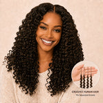 Smiling Black woman wearing #4 Chocolate Brown Burmese Curly crochet human hair with inset showing pre-separated crochet strands.