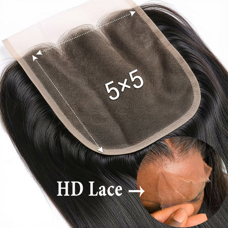 (3Bundles+5X5 HD Closure) Raw Kinky Straight Hair Bundles Double Drawn