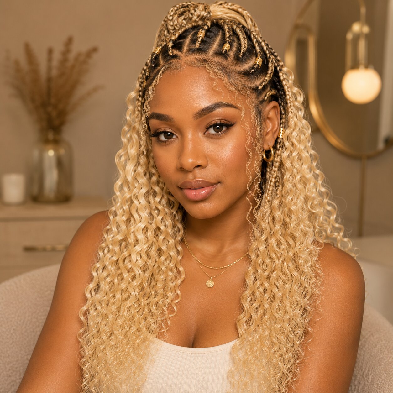 #613 blonde Burmese curly crochet human hair bundles displayed on a warm beige satin background
