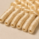 #613 blonde Burmese curly crochet human hair feature image highlighting lightweight, pre-separated, soft and reusable design