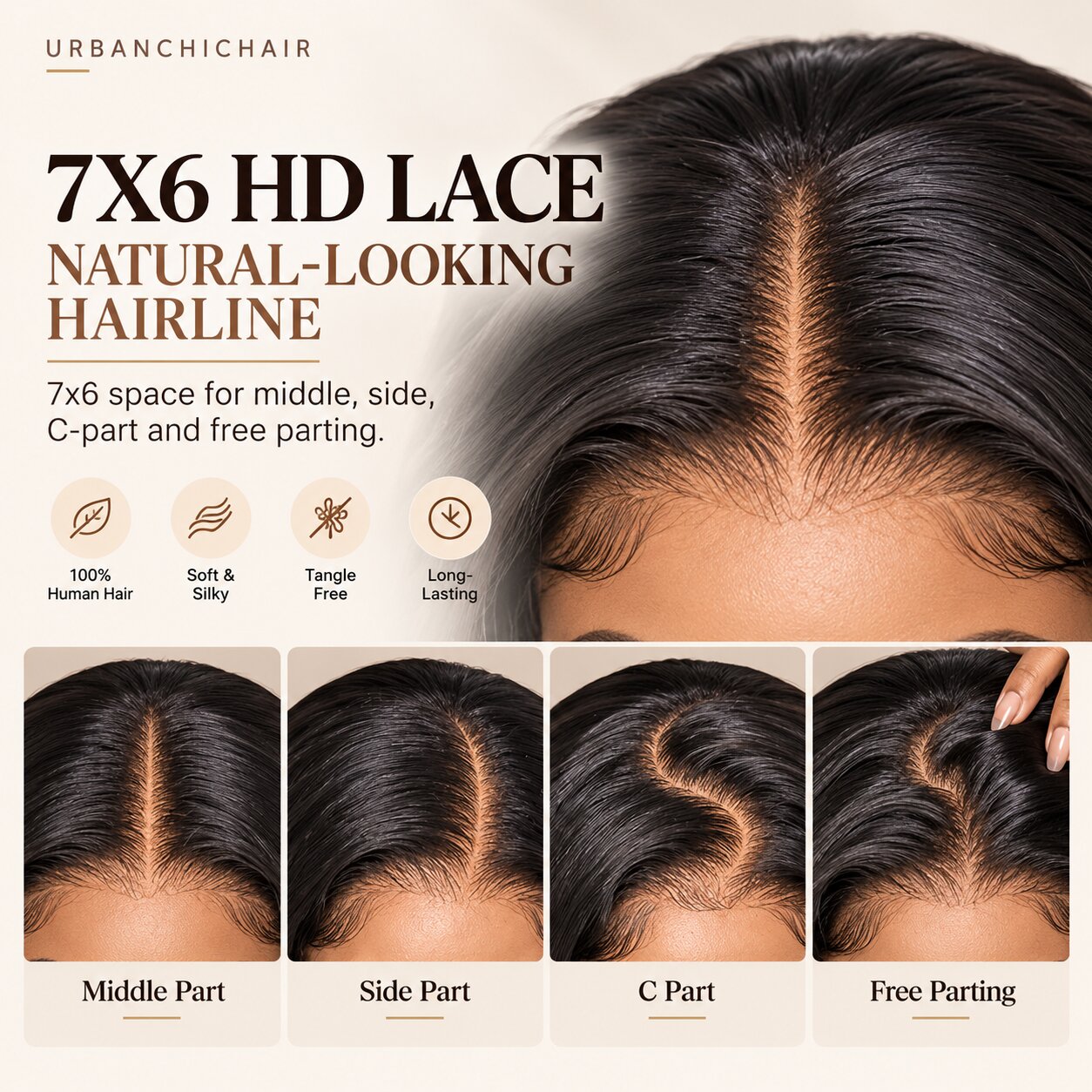 7x6 HD lace closure human hair wig showing realistic scalp appearance with middle part, side part, C-part, and flexible parting options.