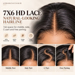 7x6 HD lace closure human hair wig showing realistic scalp appearance with middle part, side part, C-part, and flexible parting options.