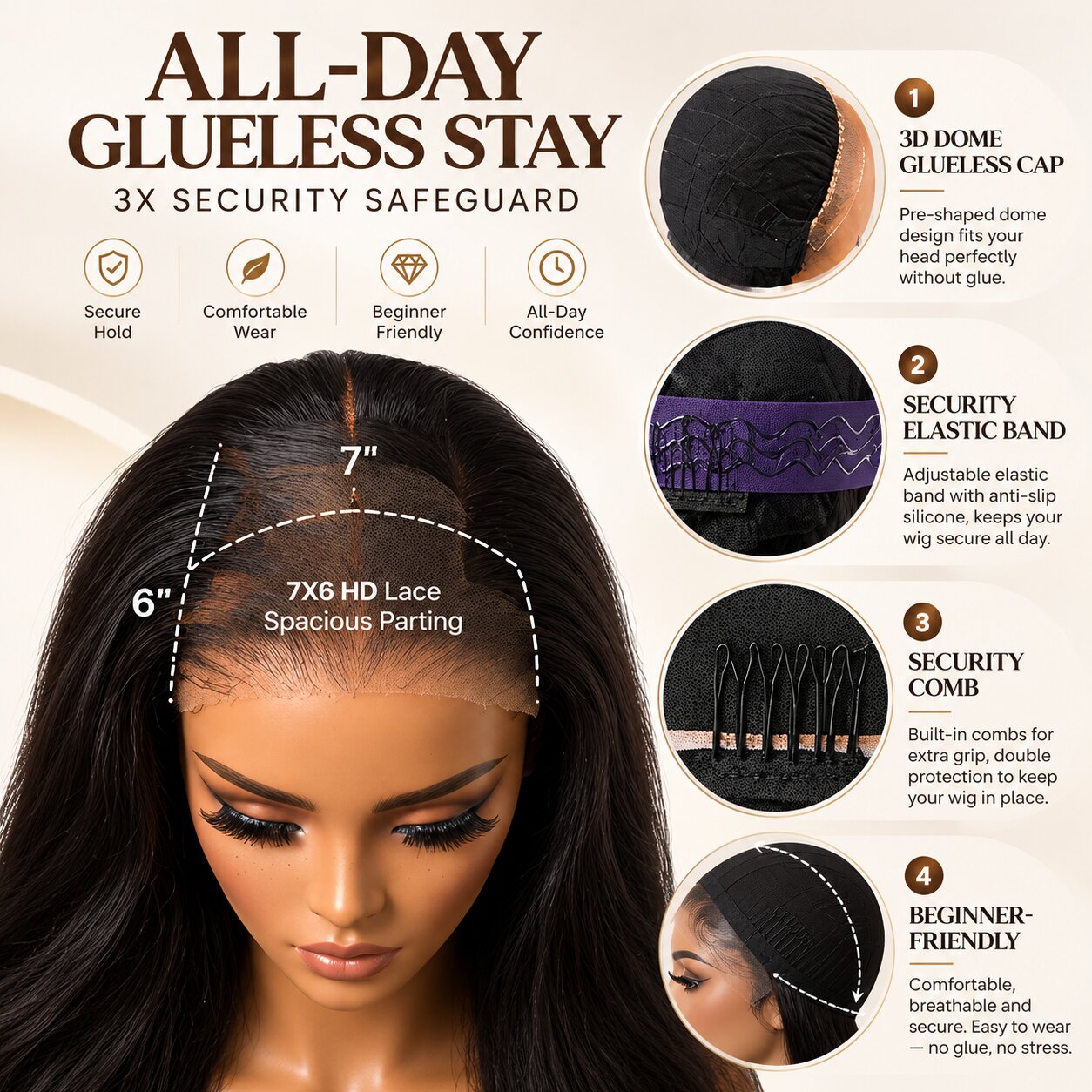 7x6 HD lace glueless wig cap with dome construction, adjustable elastic band, and security comb for comfortable everyday wear without glue.
