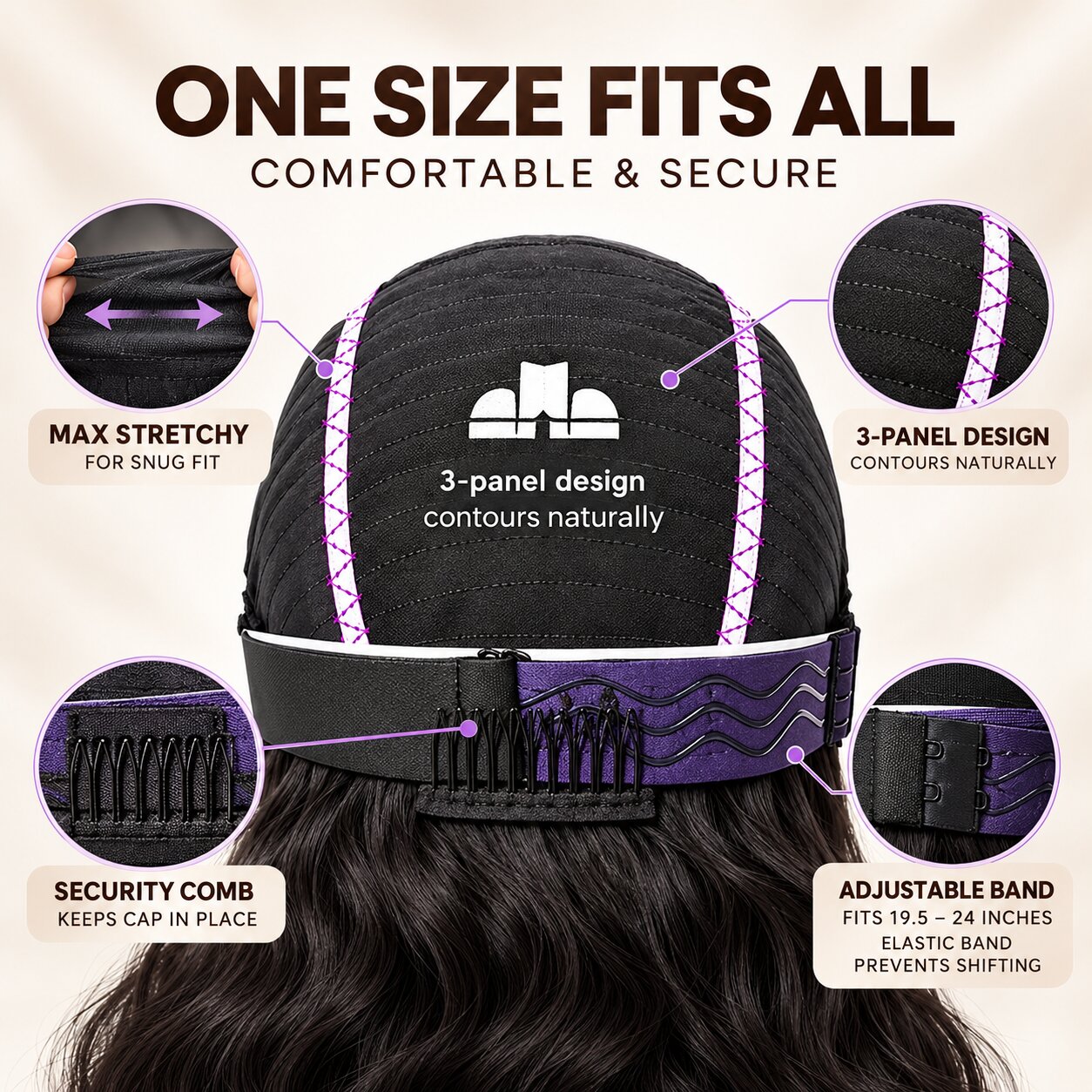 Adjustable glueless human hair wig cap featuring stretch panels, a secure elastic band, built-in comb, and adjustable hooks for a comfortable fit.