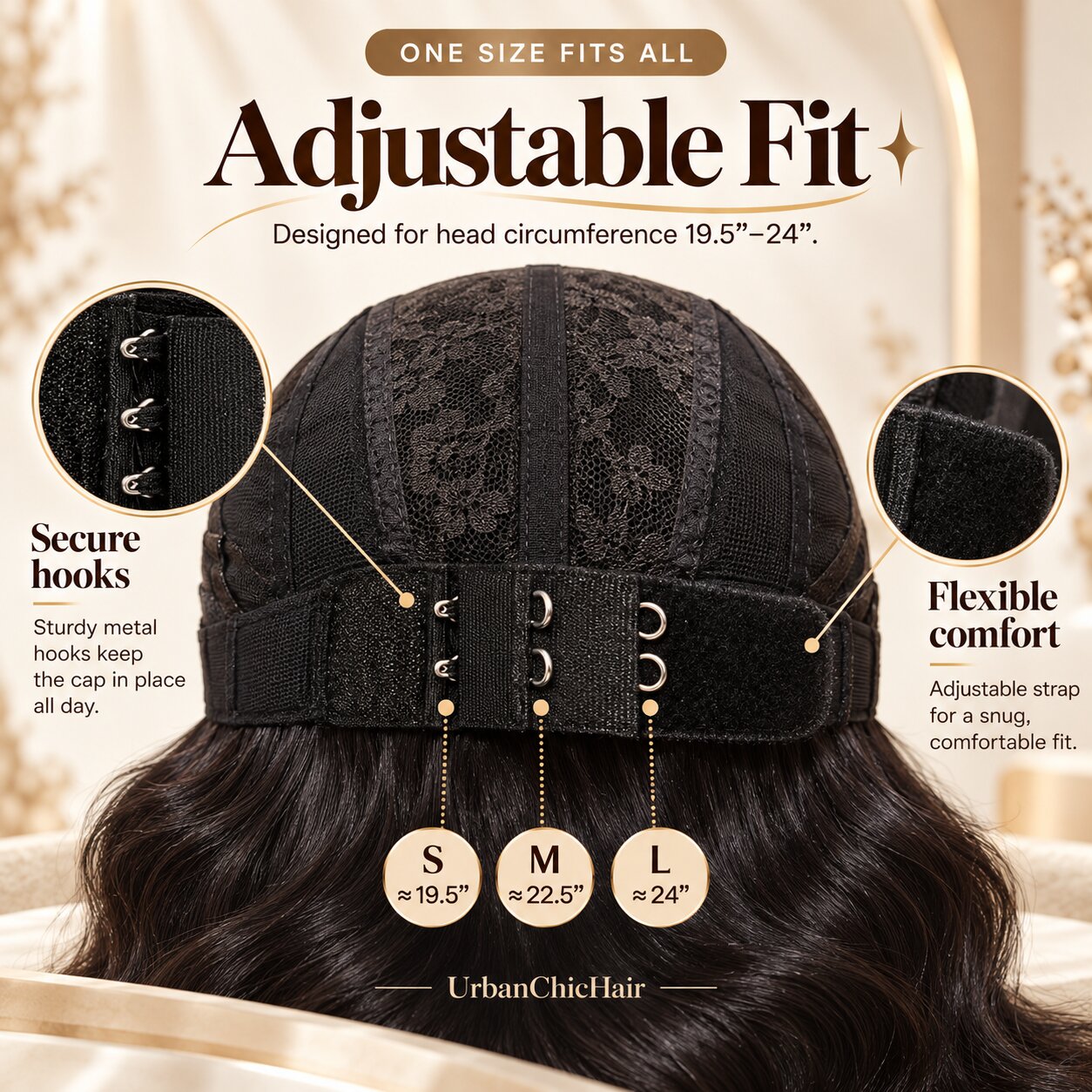 Adjustable glueless wig cap with secure hooks and flexible straps, designed to accommodate head circumferences from 19.5 to 24 inches.