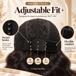 Adjustable glueless wig cap with secure hooks and flexible straps, designed to accommodate head circumferences from 19.5 to 24 inches.