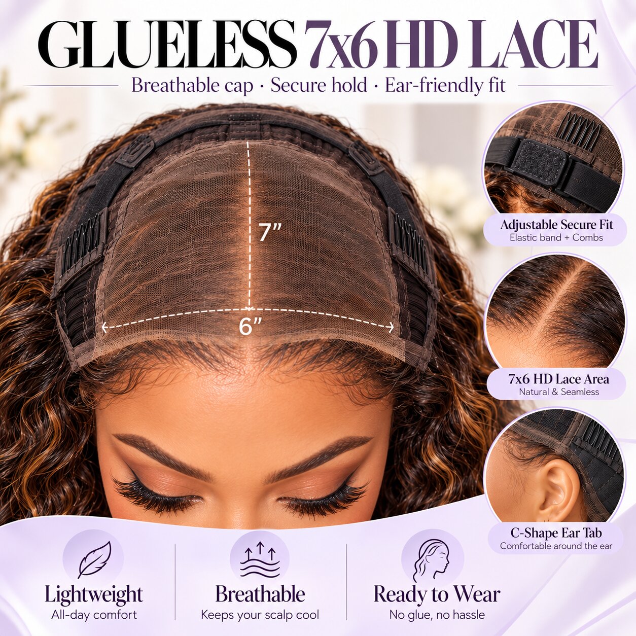 Adjustable wig cap with hook closure and three fit settings for approximately 19.5 to 24 inch head circumferences.