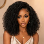 Afro curly crochet human hair extensions product infographic highlighting invisible string design, pre-separated strands, and 100% human hair with lightweight and reusable benefits.