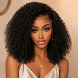 Afro curly crochet human hair extensions product infographic highlighting invisible string design, pre-separated strands, and 100% human hair with lightweight and reusable benefits.