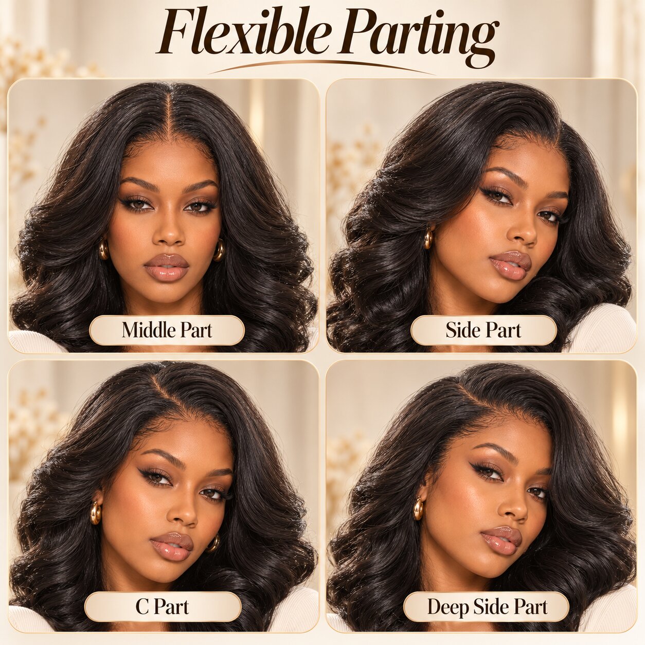 Back view of Natural Black body wave human hair wig showing smooth, glossy waves, defined curls and full shoulder-length hair.