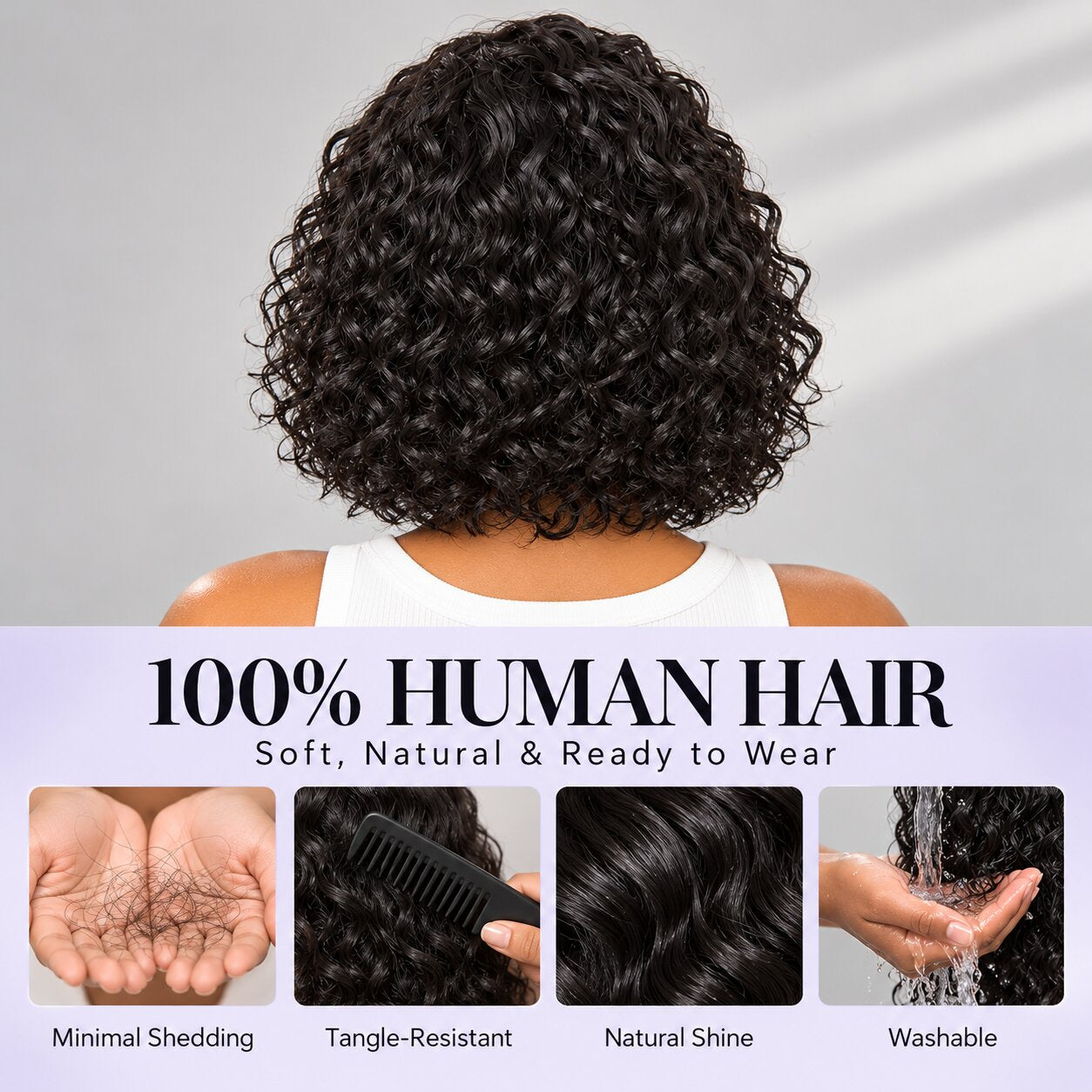 Back view of UrbanChicHair Water Wave Curly Bob Human Hair Wig showing defined black curls, natural shine and human hair care features.