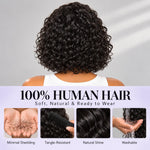 Back view of UrbanChicHair Water Wave Curly Bob Human Hair Wig showing defined black curls, natural shine and human hair care features.