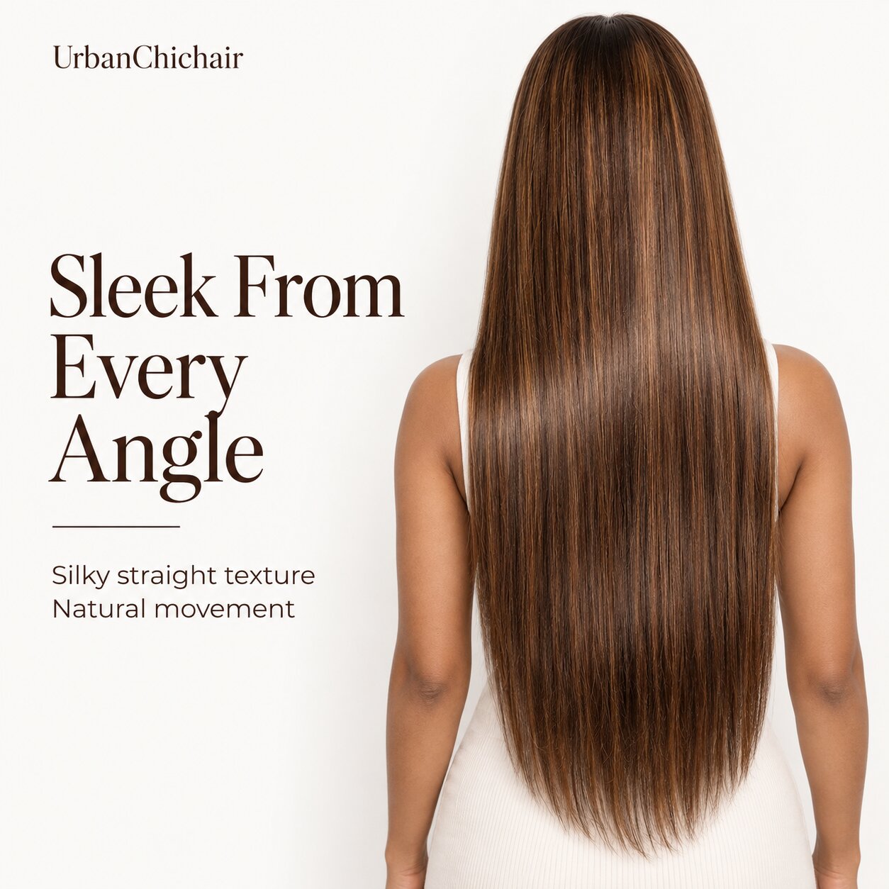 Back view of UrbanChichair chestnut brown honey blonde highlight silky straight human hair lace front wig