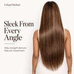 Back view of UrbanChichair chestnut brown honey blonde highlight silky straight human hair lace front wig