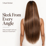 Back view of UrbanChichair chestnut brown honey blonde highlight silky straight human hair lace front wig