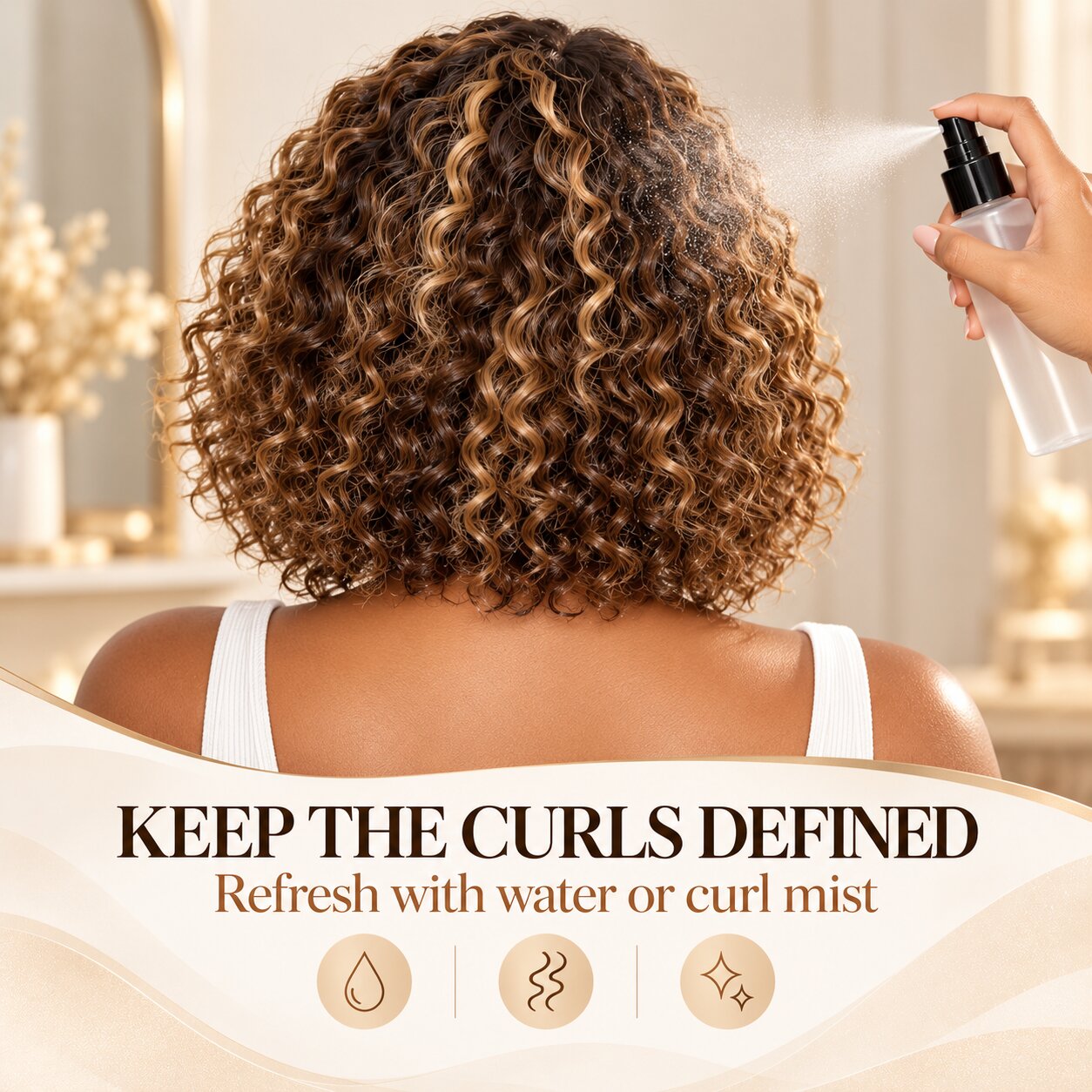 Back view of a blonde-highlight water wave curly bob human hair wig being refreshed with a fine mist spray to define curls.