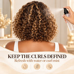 Back view of a blonde-highlight water wave curly bob human hair wig being refreshed with a fine mist spray to define curls.