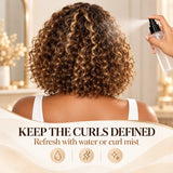 Back view of a blonde-highlight water wave curly bob human hair wig being refreshed with a fine mist spray to define curls.