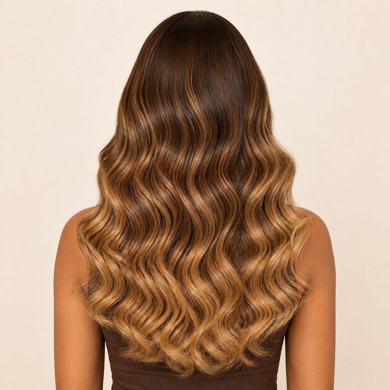 Back view of a brown-to-blonde ombre loose body wave human hair wig