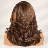 Back view of a brown highlight butterfly cut wig showing graduated layers and curved ends.