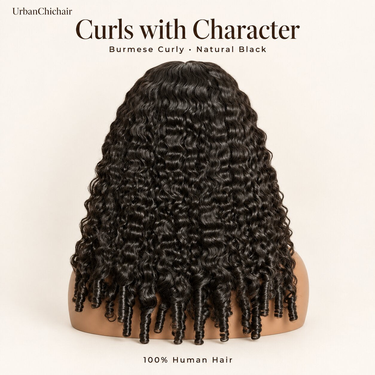 Back view of a natural black Burmese curly human hair wig with defined finger-coil ends on a mannequin.
