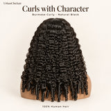 Back view of a natural black Burmese curly human hair wig with defined finger-coil ends on a mannequin.