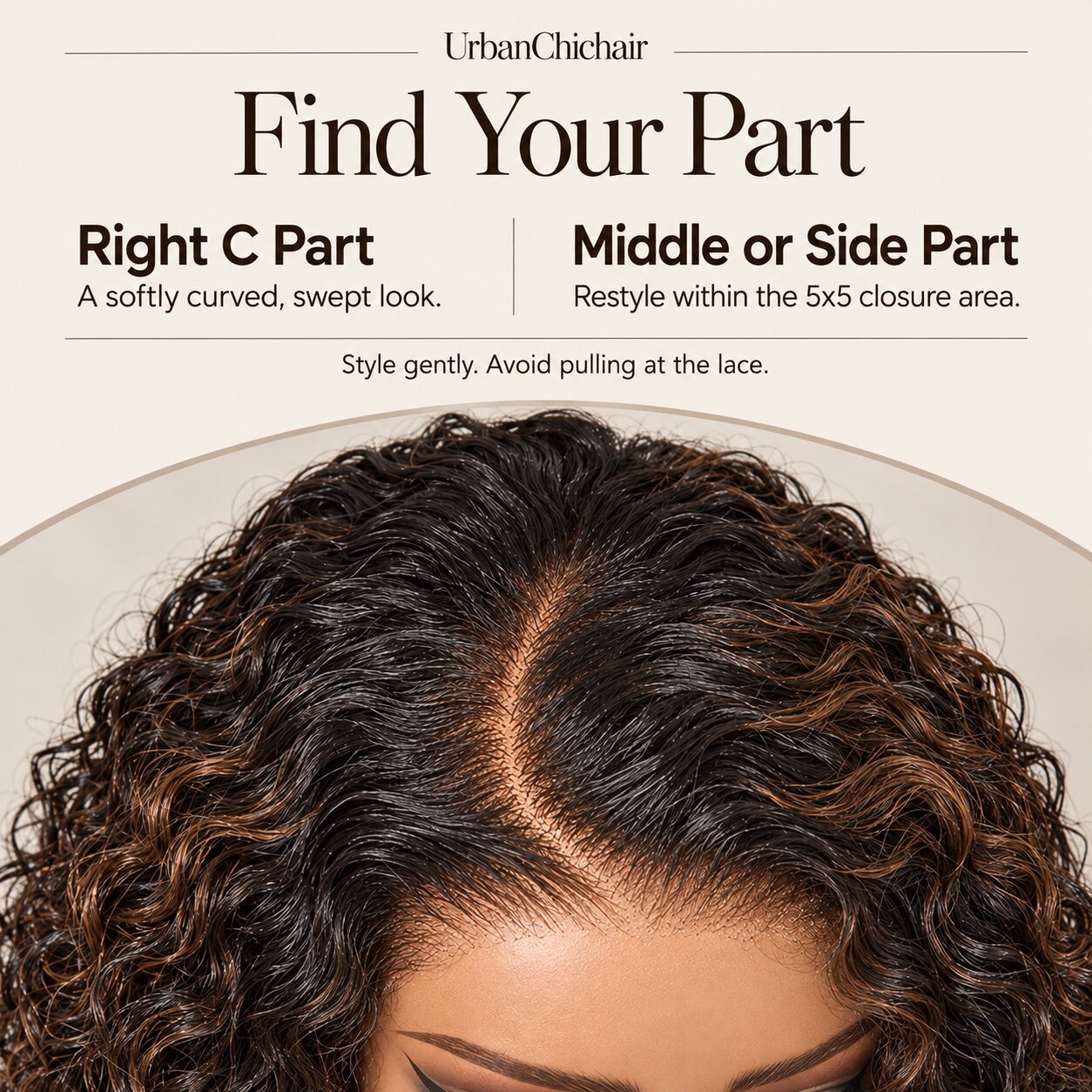Back view of a shoulder-length water wave wig with brown highlights.