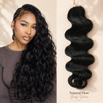 Beauty editorial split layout showing model with long wavy hair on one side and close-up invisible string body wave hair extension detail on the other.