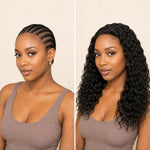 Before-and-after view of a cornrow base and finished natural black Natural Wave Human Crochet Hair installation.