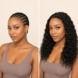 Before-and-after view of a cornrow base and finished natural black Natural Wave Human Crochet Hair installation.