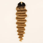 Before-and-after view of a cornrow foundation and finished #T1B/27 loose deep wave crochet hairstyle