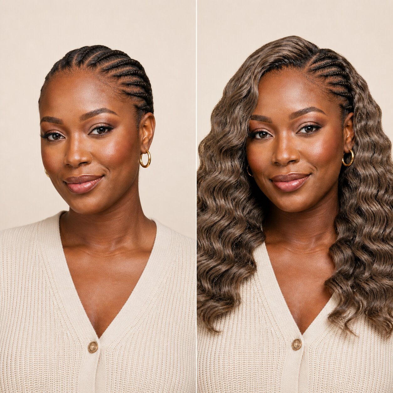 Before and after Color #8 light brown loose deep wave crochet protective-style installation