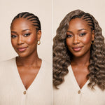 Before and after Color #8 light brown loose deep wave crochet protective-style installation