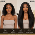 Before and after comparison of Black woman using kinky straight tape in hair extensions for added length, volume and natural blend