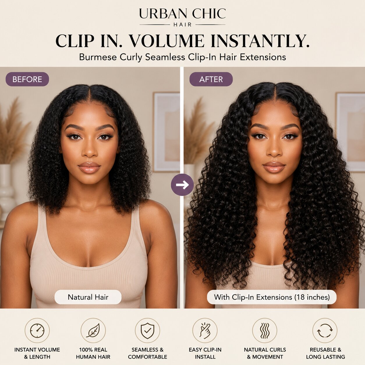 Before and after comparison of UrbanChichair Burmese Curly Seamless Clip-In Hair Extensions showing added volume, length, and curl definition