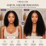 Before and after comparison of UrbanChichair Burmese Curly Seamless Clip-In Hair Extensions showing added volume, length, and curl definition