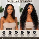 Before and after comparison of UrbanChichair deep wave tape-in hair extensions showing added length, volume, and natural wavy fullness.