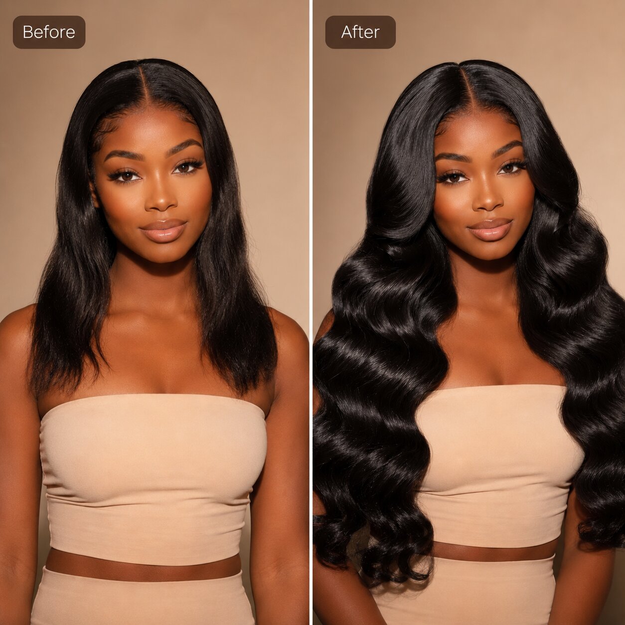 Before and after comparison of Virgin Body Wave Hair Bundles Double Drawn showing a natural straight hairstyle before and full glamorous body wave hairstyle after