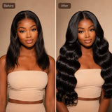 Before and after comparison of Virgin Body Wave Hair Bundles Double Drawn showing a natural straight hairstyle before and full glamorous body wave hairstyle after