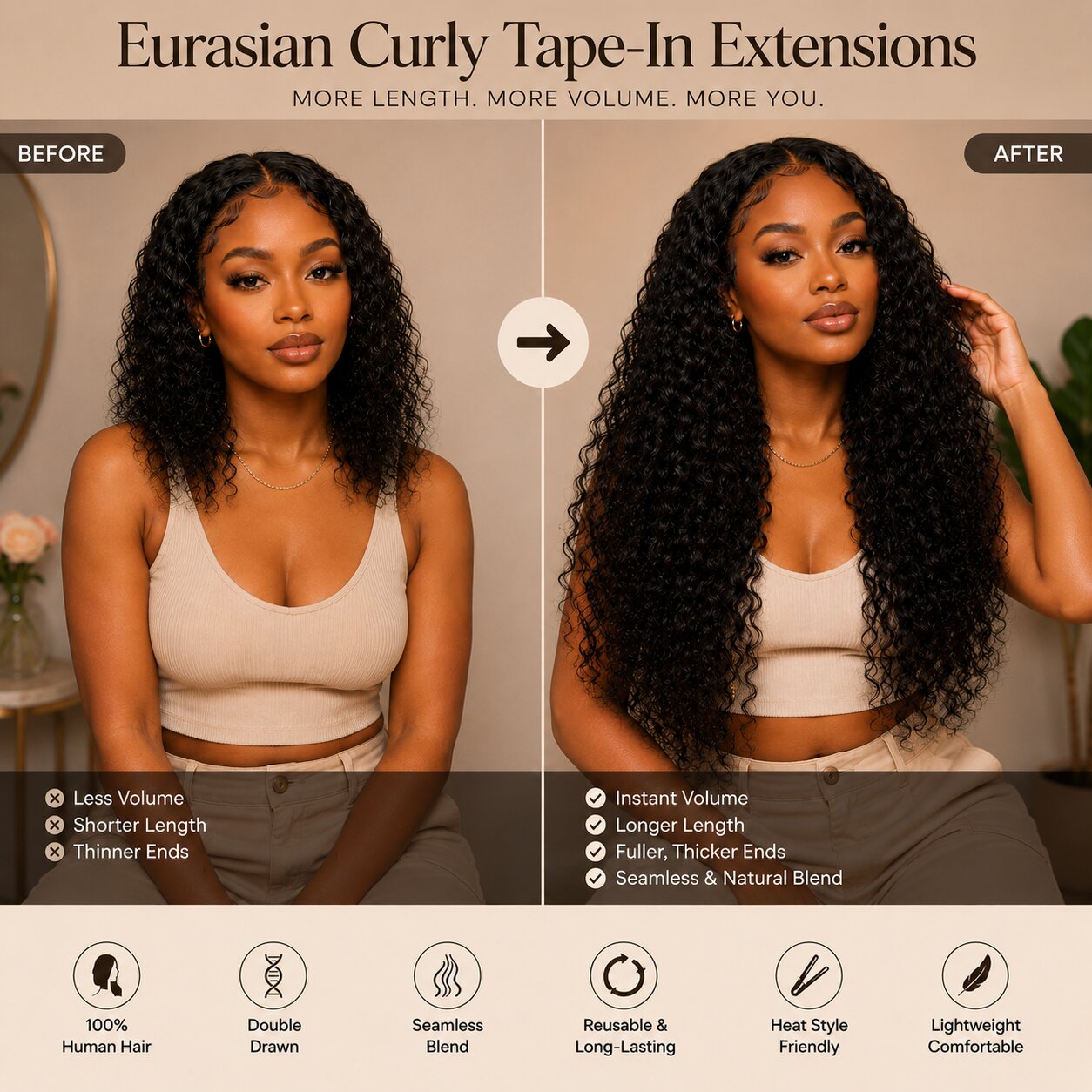 Before and after comparison of a Black woman wearing UrbanChichair Eurasian Curly Tape-In Hair Extensions for longer length, fuller volume, and a natural curly blend.