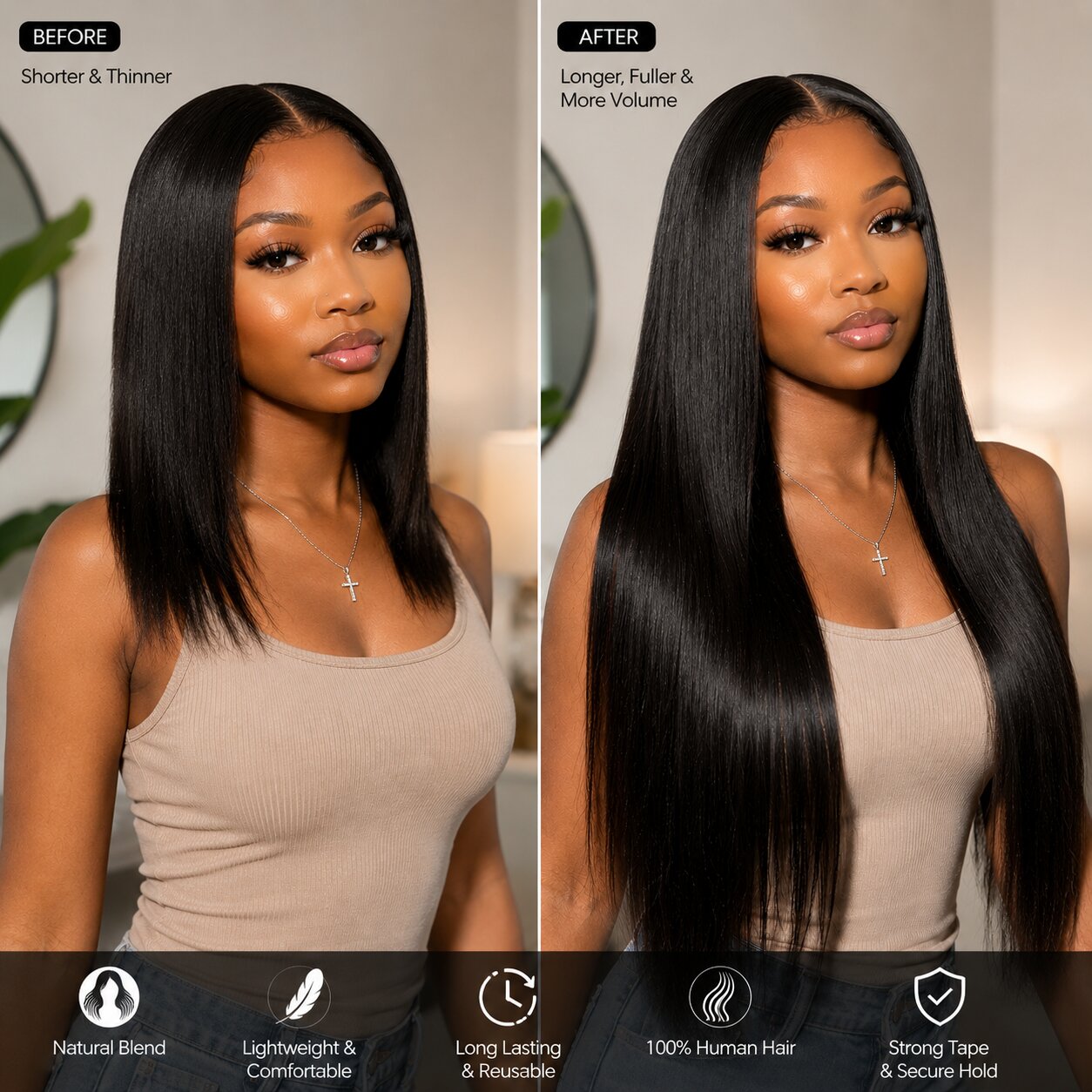 Before and after comparison of straight invisible tape in hair extensions showing shorter hair transformed into longer fuller straight hair.